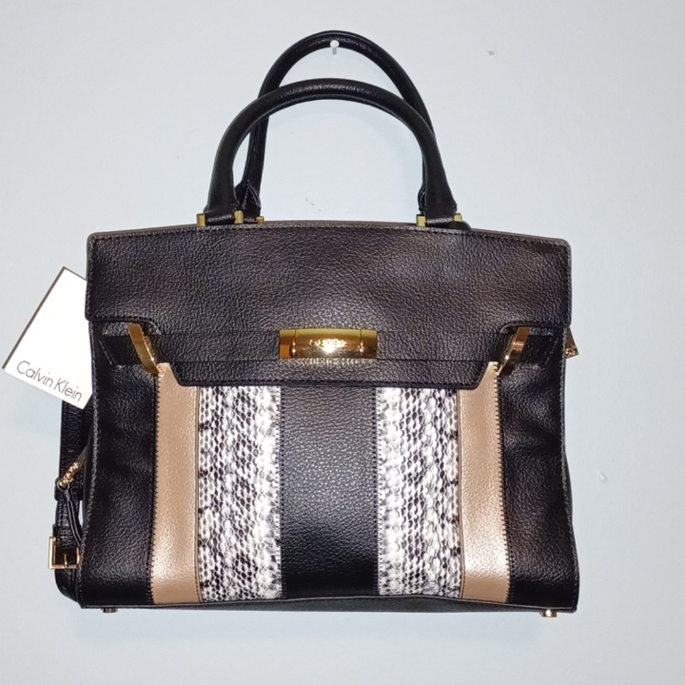 Calvin Klein leather black purse with black & white snake skin and cream pattern